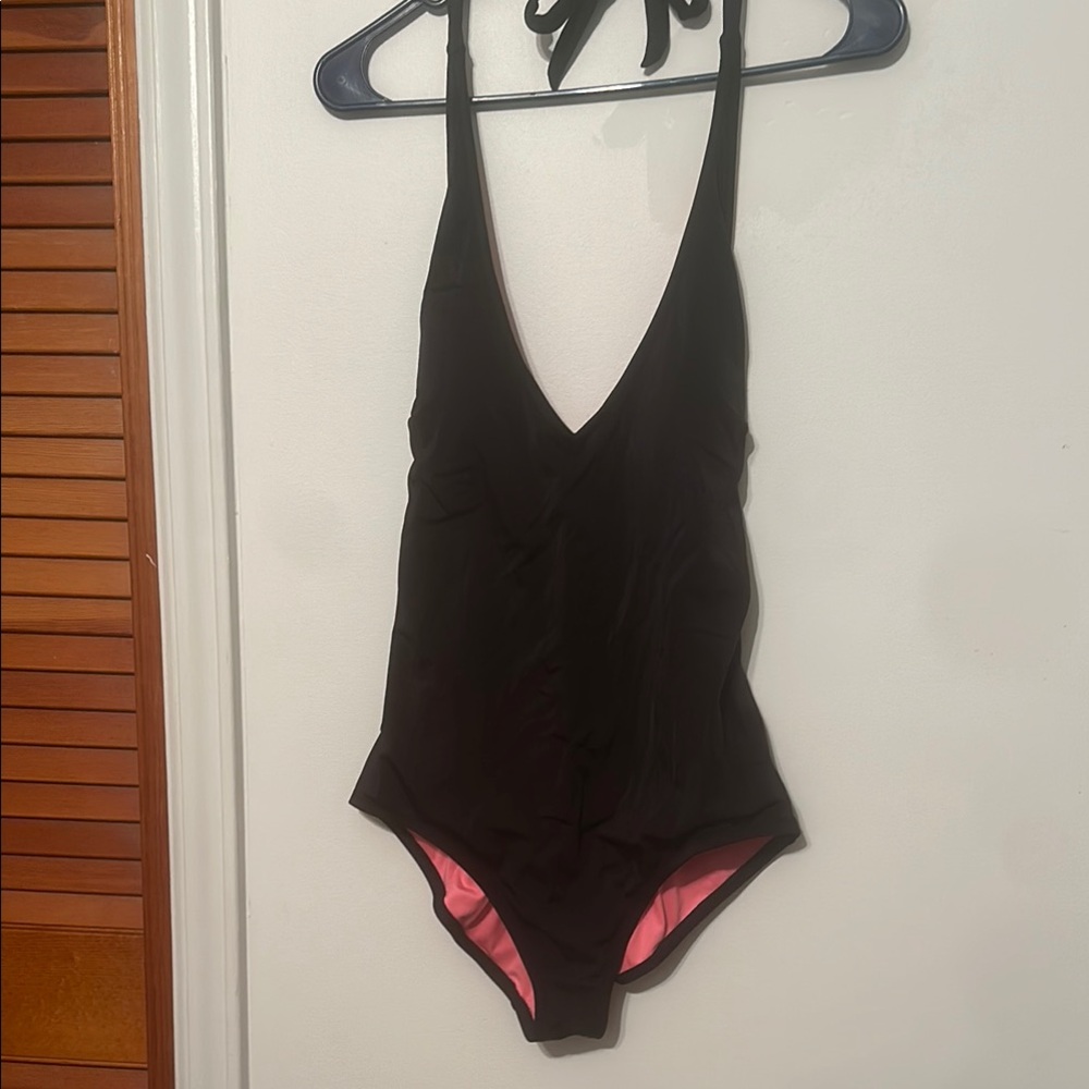 PINK Victoria's Secret Black and Pink One Piece Swimsuit with Plunging V-Neck